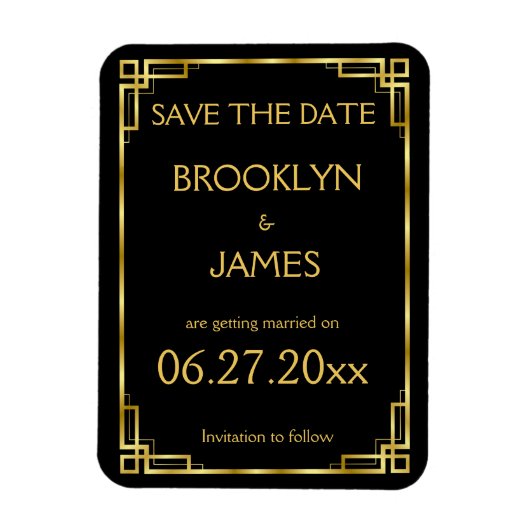 Art Deco Black Gold Wedding Save the Date Magnet Magneet (Verticaal)