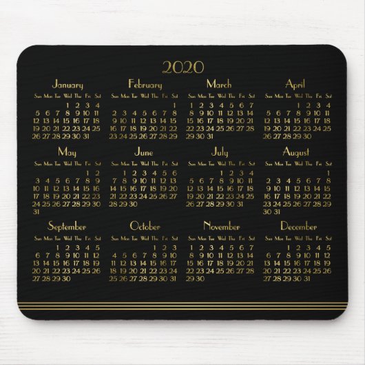 Art Deco Black Gold Yarly Calendar 2020 Mousepad Muismat (Voorkant)