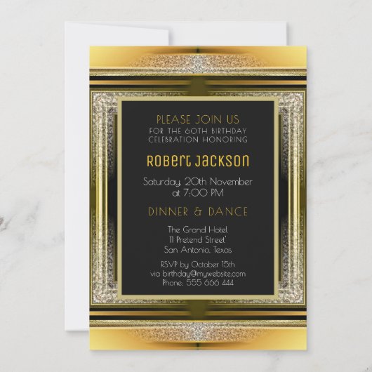 Art Deco Black Golden 60th Birthday Party Invite Kaart (Achterkant)