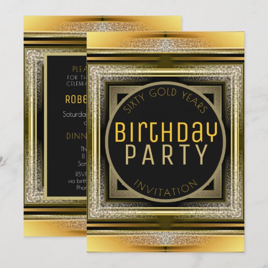 Art Deco Black Golden 60th Birthday Party Invite Kaart (Voorkant / Achterkant)