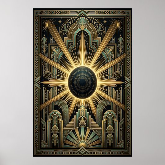Art Deco Black Hole Celestial Poster | Gold Teal (Voorkant)