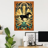 Art Deco Black Horse Cactus Palace Gold Teal Poste Poster (Thuiskantoor)