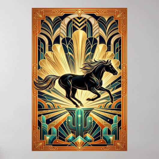 Art Deco Black Horse Cactus Palace Gold Teal Poste Poster (Voorkant)
