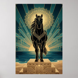 Art Deco Black Horse Mandala Sunset Teal Gold Post Poster