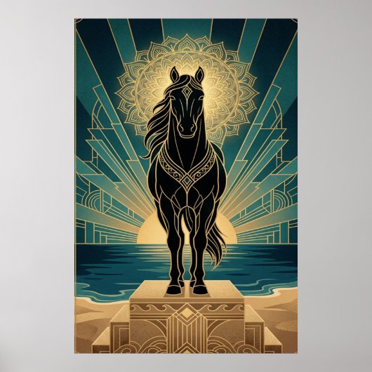 Art Deco Black Horse Mandala Sunset Teal Gold Post Poster (Voorkant)