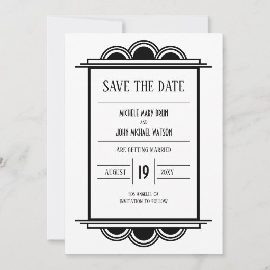 Art Deco Black Lijst White Save the Date Kaart (Voorkant)