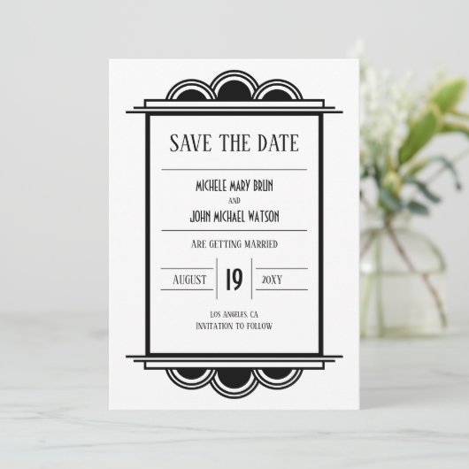 Art Deco Black Lijst White Save the Date Kaart (Staand voorkant)