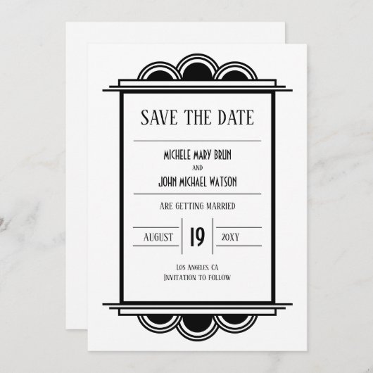 Art Deco Black Lijst White Save the Date Kaart (Voorkant / Achterkant)