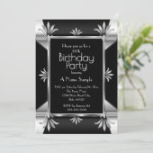 Art Deco Black Silver Chrome Birthday Party Kaart (Staand voorkant)