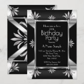 Art Deco Black Silver Chrome Birthday Party Kaart (Voorkant / Achterkant)