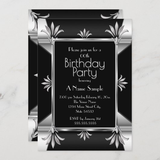 Art Deco Black Silver Chrome Birthday Party Kaart (Voorkant / Achterkant)