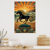 Art Deco Black Stallion Beach Waves Sunset Poster (Keuken)