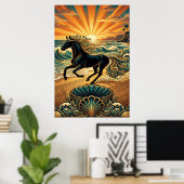 Art Deco Black Stallion Beach Waves Sunset Poster (Thuiskantoor)