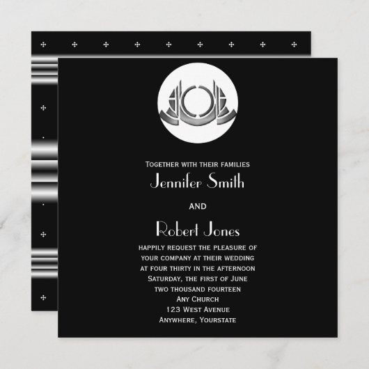 Art Deco Black White Silver Wedding Invitation Kaart (Voorkant / Achterkant)