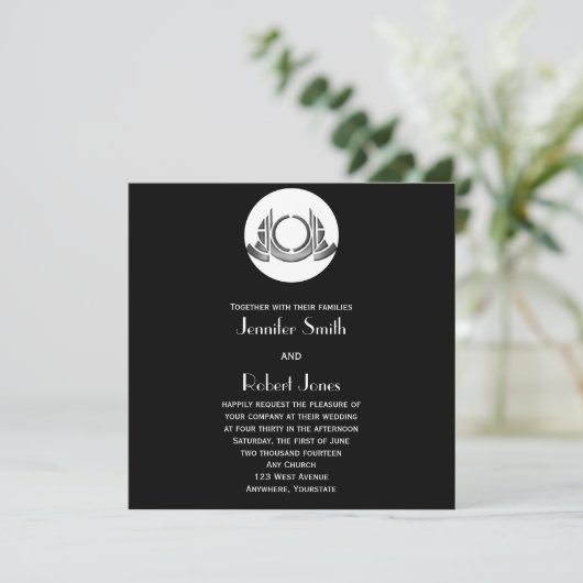 Art Deco Black White Silver Wedding Invitation Kaart (Staand voorkant)