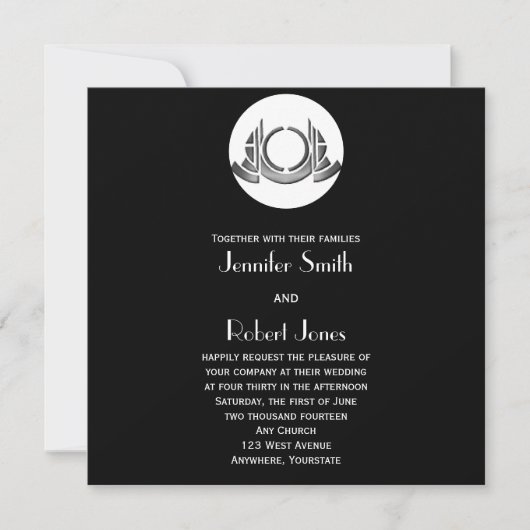 Art Deco Black White Silver Wedding Invitation Kaart (Voorkant)