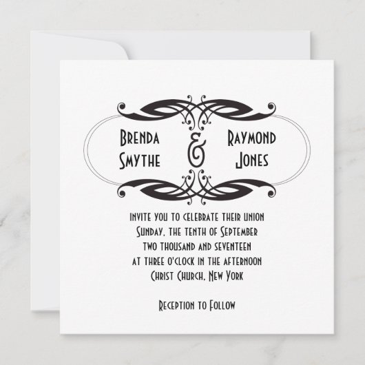 Art Deco Black White Wedding Invitation | Initiale Kaart (Voorkant)