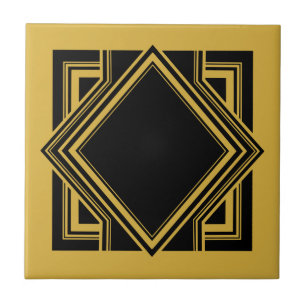 Art Deco Black Yellow Geometric Square Element 05 Tegeltje