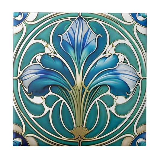 Art Deco Blau Gestileerde Lelie 2 Tegeltje (Voorkant)