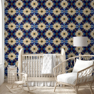 Art Deco Blauw en Goud Bloempatroon Homedecor Behang