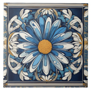 Art Deco Blauw en Wit Daisy Bloem Art Nouveau Tegeltje