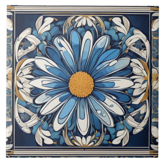 Art Deco Blauw en Wit Daisy Bloem Art Nouveau Tegeltje (Voorkant)