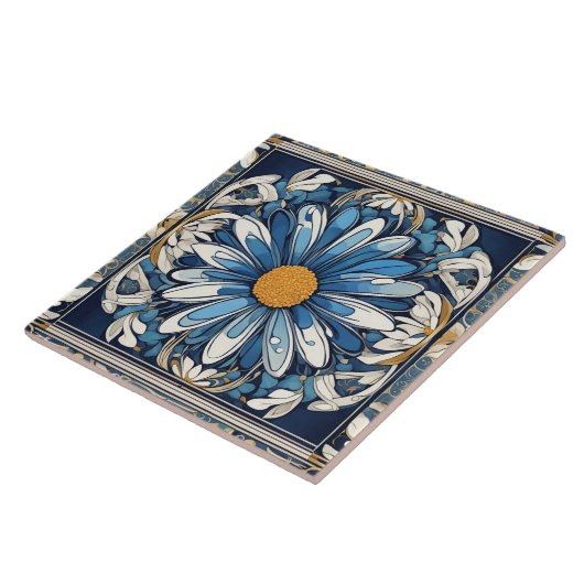 Art Deco Blauw en Wit Daisy Bloem Art Nouveau Tegeltje (Zijkant)