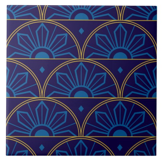 Art Deco Blauw Goud Geometrisch Tegeltje (Voorkant)