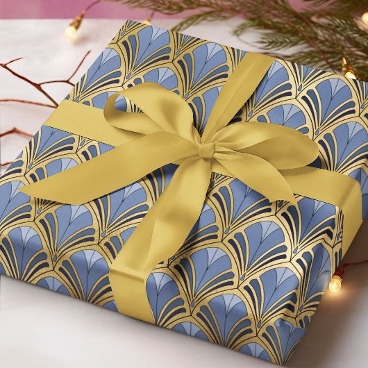 Art Deco Blauw Goud Vintage Geometrisch Patroon Cadeaupapier