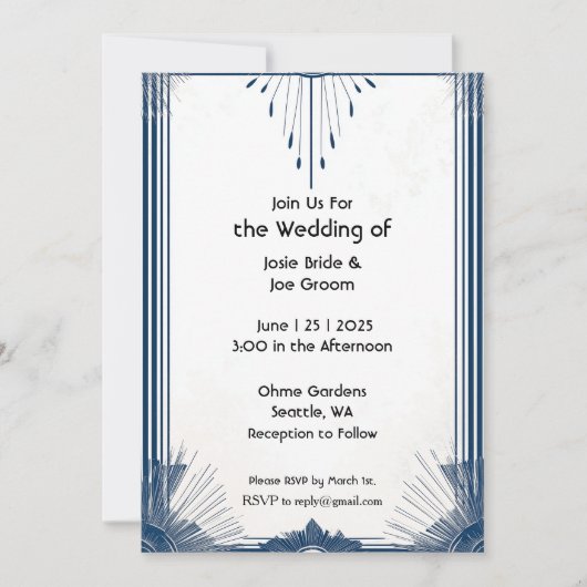 Art deco blauw wit elegante bruiloft uitnodiging (Voorkant)