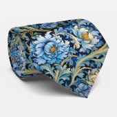 Art Deco Blauw & Witte Pioenen William Morris Stij Stropdas (Opgerold)