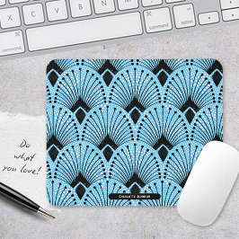 Art Deco Blauw Zwart Wit Retro Pauw Patroon Muismat