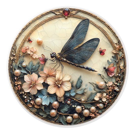 Art Deco Blauwe Dragonfly Roze Bloemen Parels Keramische Knop (Voorkant)