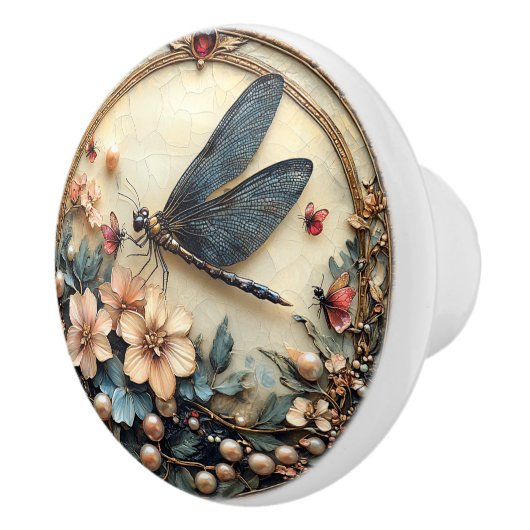 Art Deco Blauwe Dragonfly Roze Bloemen Parels Keramische Knop (Rechts)