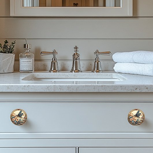 Art Deco Blauwe Libel Roze Bloemen Parels Keramische Knop