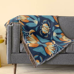 Art Deco blauwe oranje bloemen Deken