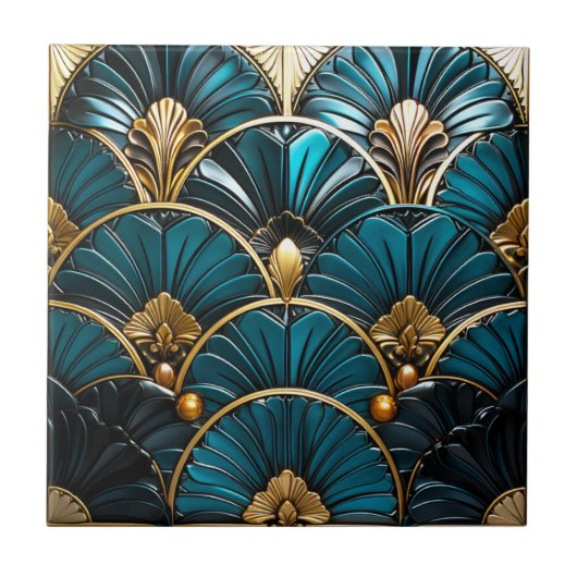 Art Deco Blauwe Veer Ventilatoren en Gouden Accent Tegeltje (Voorkant)