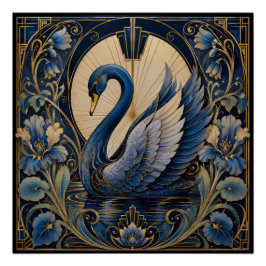 ART DECO BLAUWE Zwaan | VINTAGE DECORATIEF ACCENT Perfect Poster