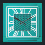 Art Deco, blauwgroen blauw Vierkante Klok<br><div class="desc">Art Deco,  blauwgroen blauw,  3-d effect wandklok met witte cijfers - digitale grafische kaart</div>