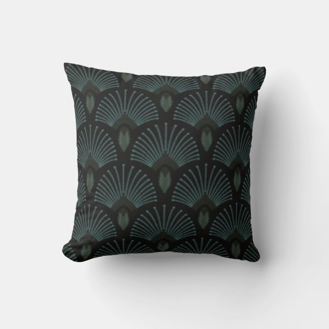 Art Deco Blauwgroen Feather / Fan Design Sierkusse Kussen (Voorkant)