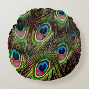 art deco blauwgroen groen turquoise pauock vether rond kussen