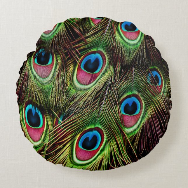 art deco blauwgroen groen turquoise pauock vether rond kussen (Voorkant)