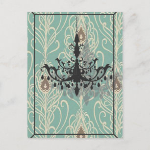 Art Deco blauwgroen pauw  zwarte kroonluchter Briefkaart