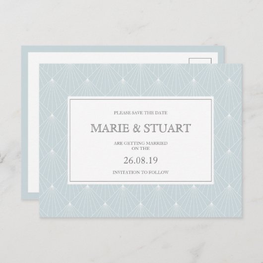 Art Deco Bleek Blue Save the Date Briefkaart (Voorkant / Achterkant)