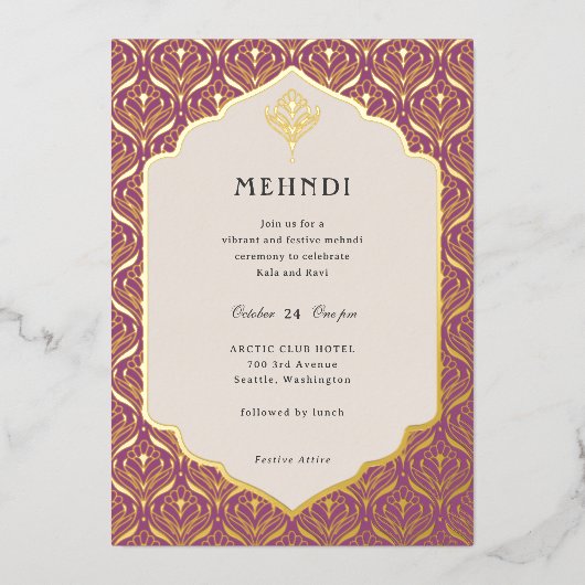 Art Deco Bloem Lotus Mehndi Goud Folie Uitnodiging (Voorkant)