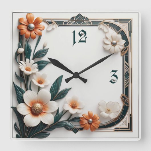 Art Deco-bloem Vierkante Klok (Voorkant)