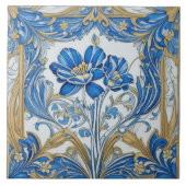 Art Deco Bloemen Art Nouveau Bloemen Goud en Blauw Tegeltje (Voorkant)