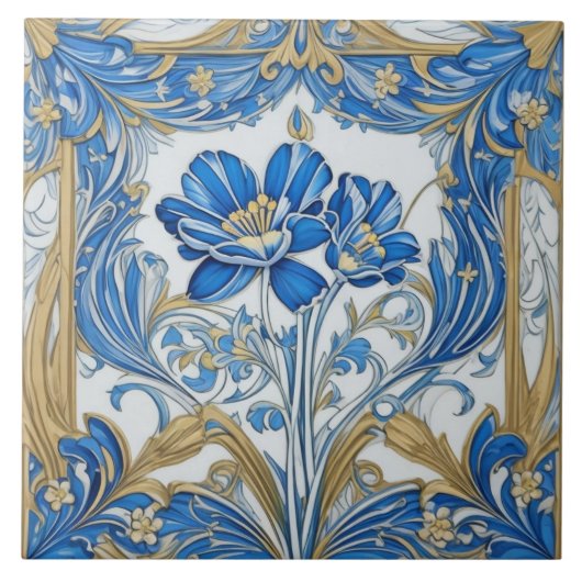 Art Deco Bloemen Art Nouveau Bloemen Goud en Blauw Tegeltje (Voorkant)