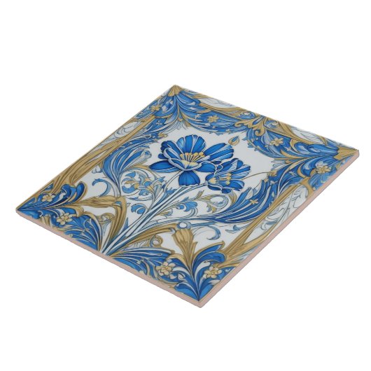 Art Deco Bloemen Art Nouveau Bloemen Goud en Blauw Tegeltje (Zijkant)