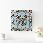 Art Deco bloemen blauw Vierkante Klok (Huis)